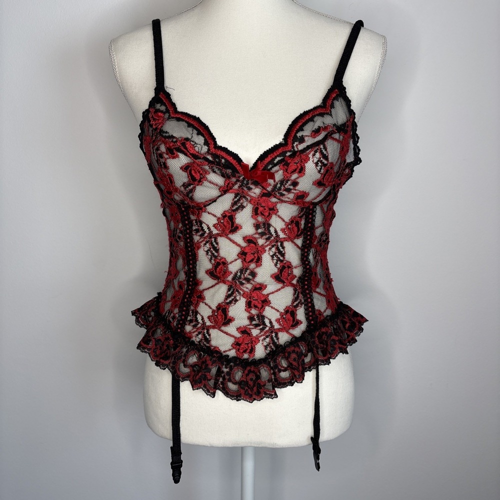 NAN FLOWER Vtg Black‎ Satin Lace Mesh Ruffle Cami Top Corset Garter Belt USA